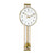 Wall clock with round gold-colored case, white dial, and golden pendulum rods.
