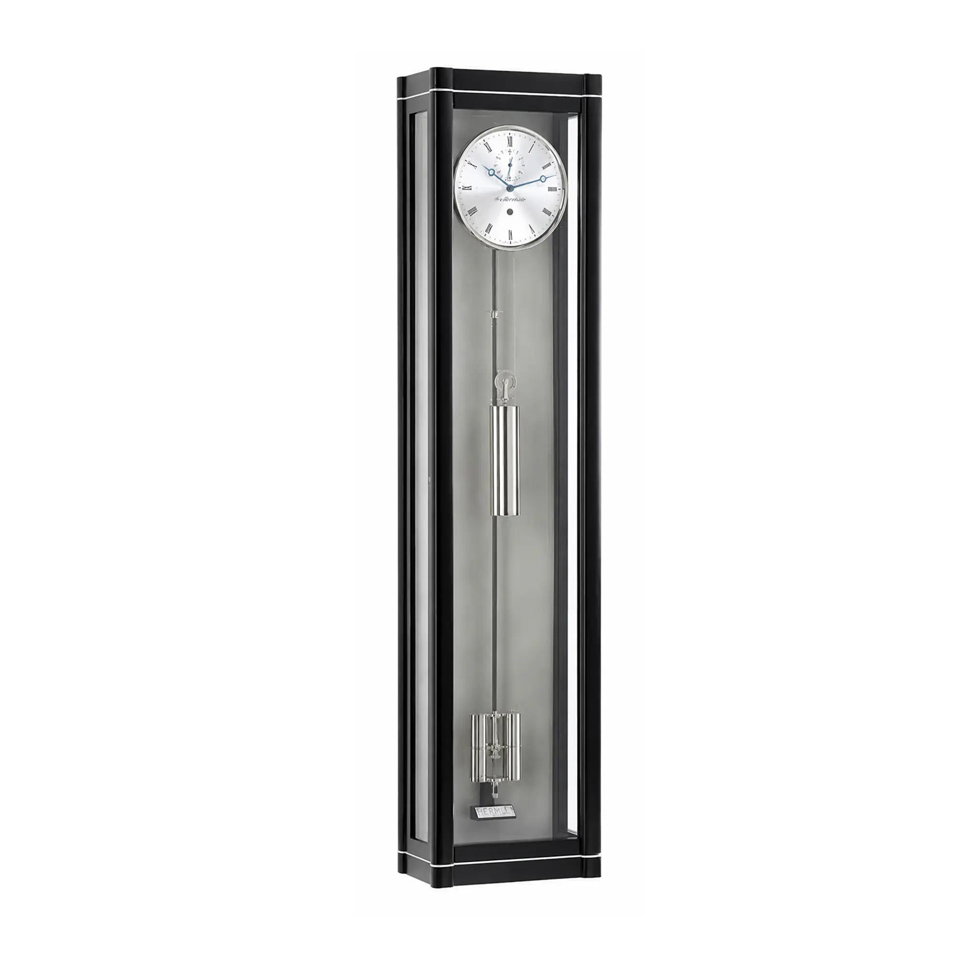 Wall clock with black frame, round dial, and visible pendulum
