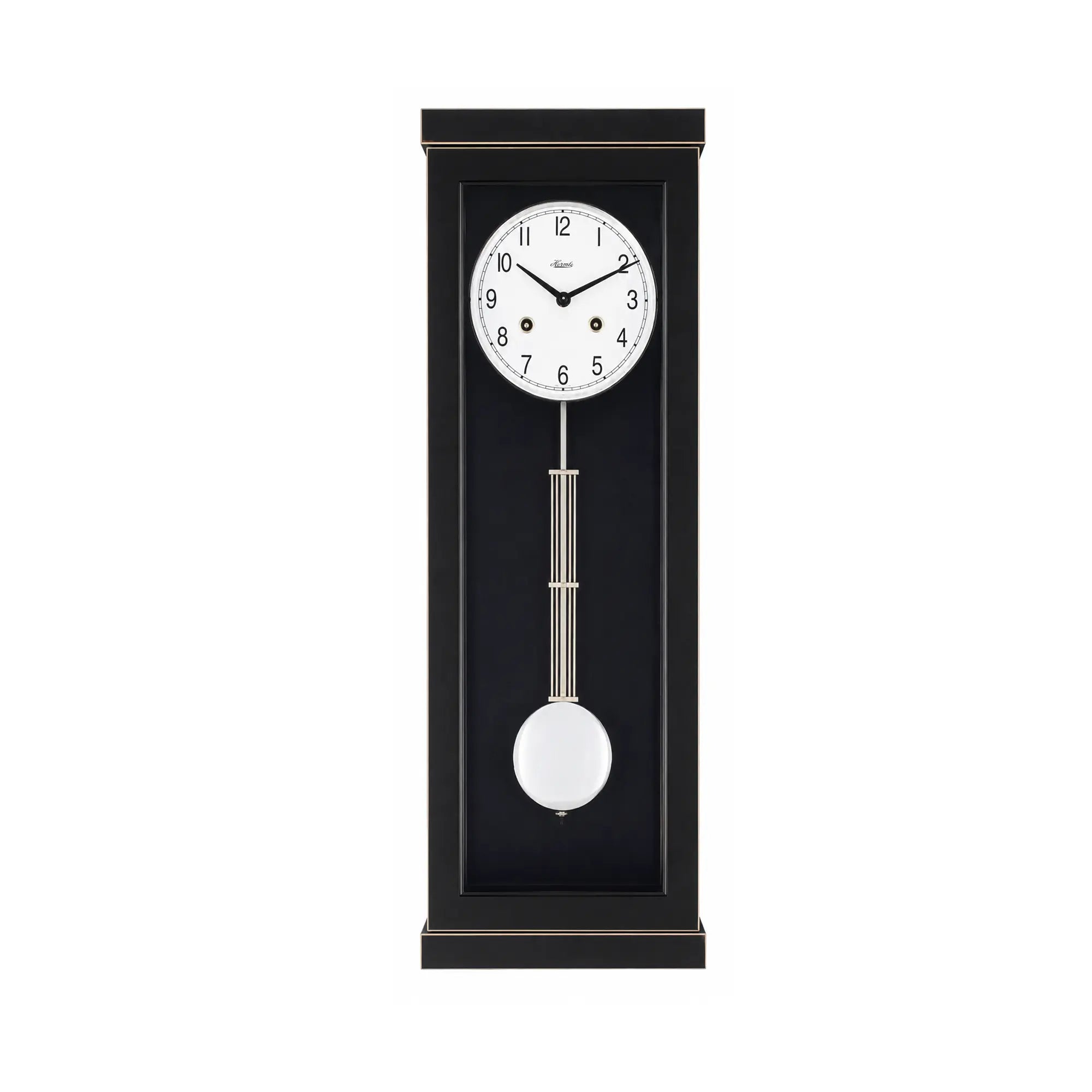 Wall clock with black wooden case, white dial, and swinging ball pendulum