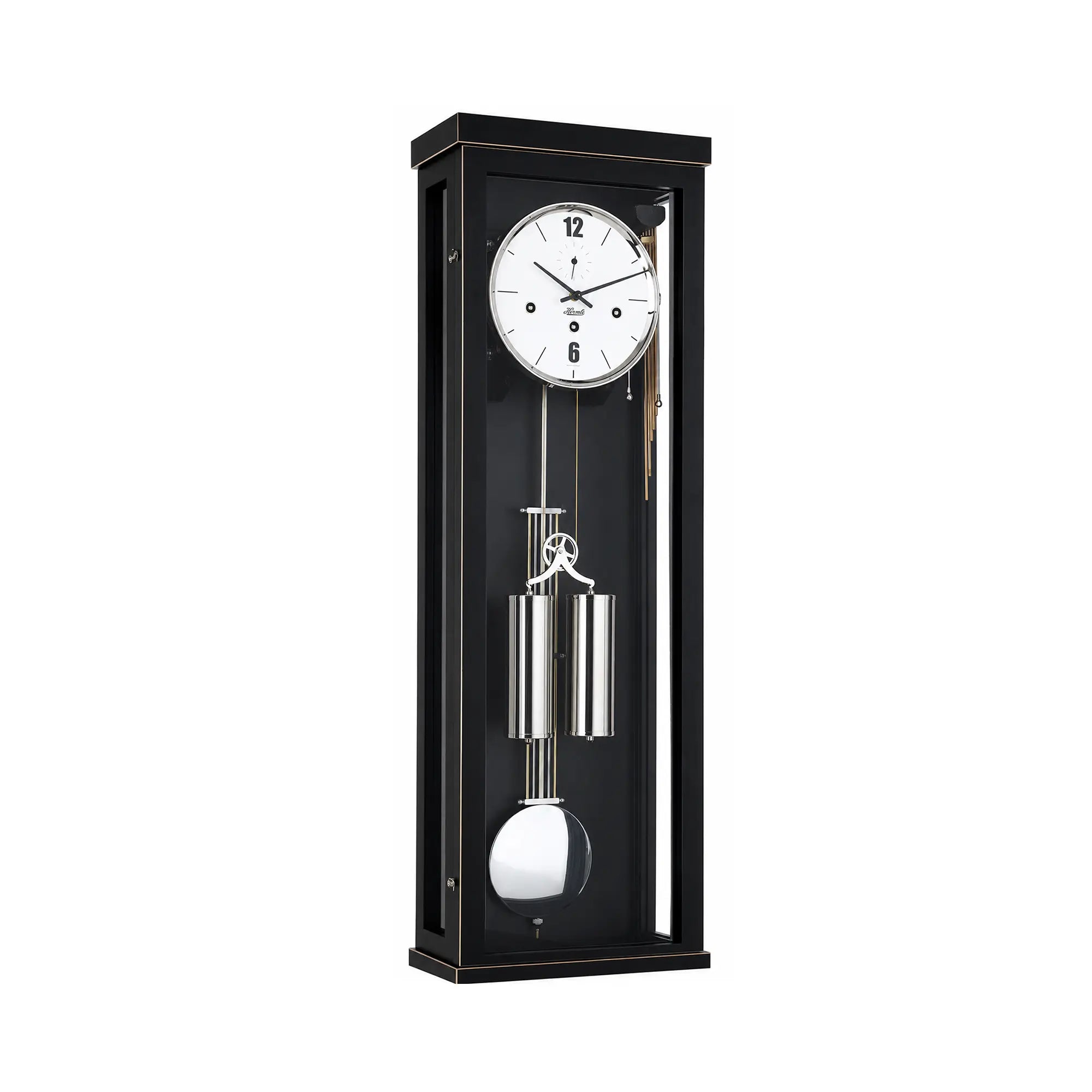 Wall clock with black casing, round dial, and pendulum chime rods
