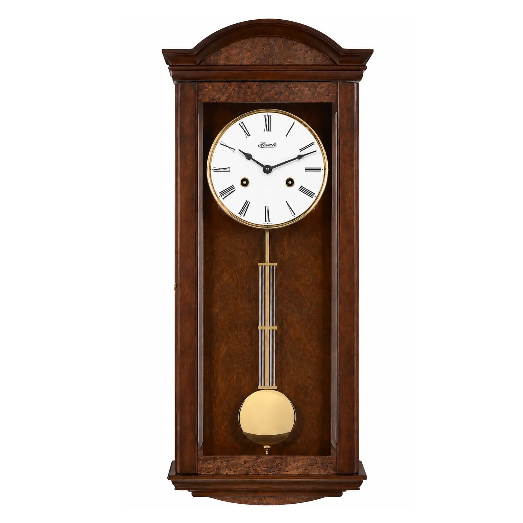 Wooden wall clock with round dial and gold pendulum rod