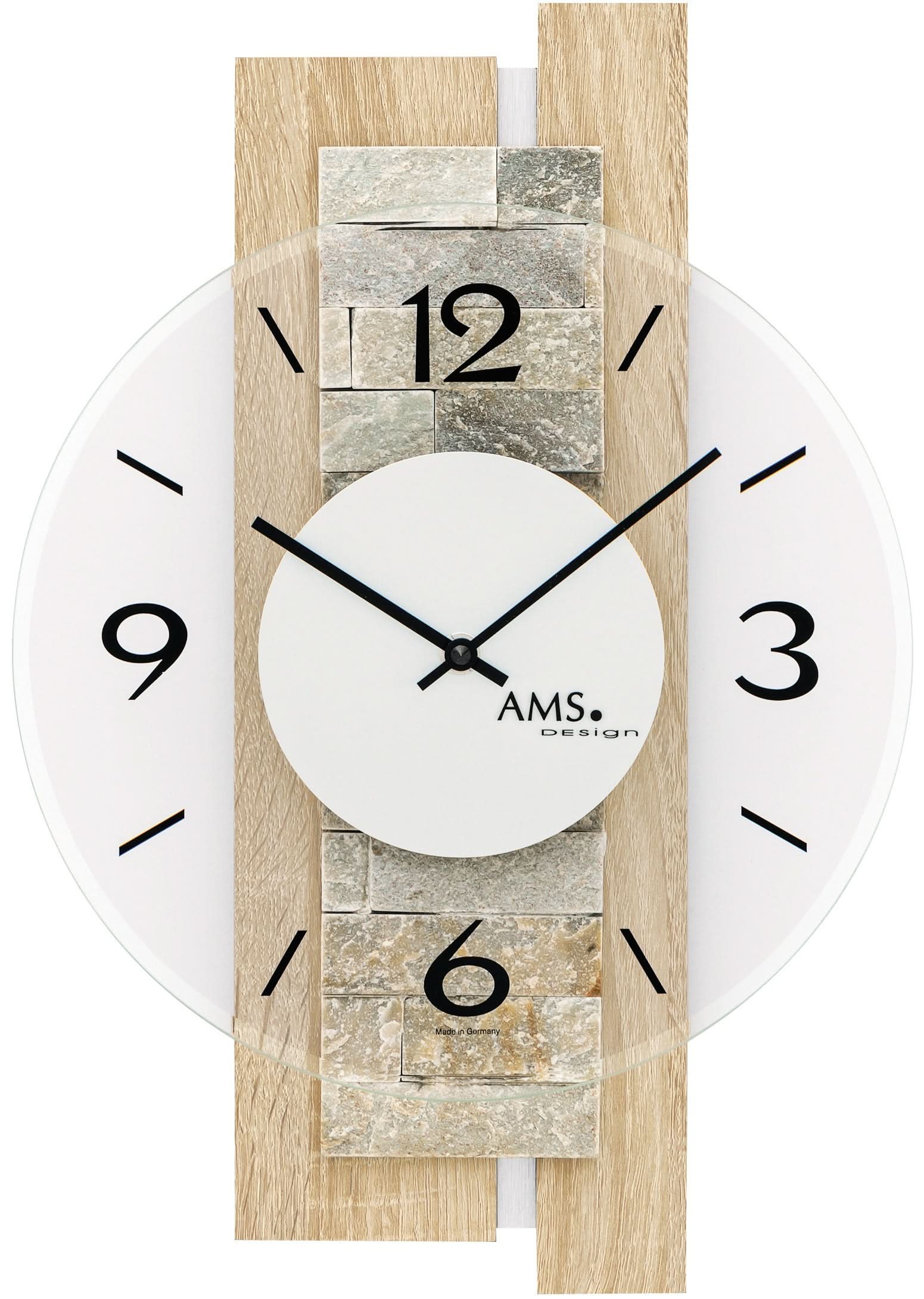 AMS Wall Clock 40x28x6 cm Wood • Silent Quartz Movement • Modern Design • With Natural Stone Overlays