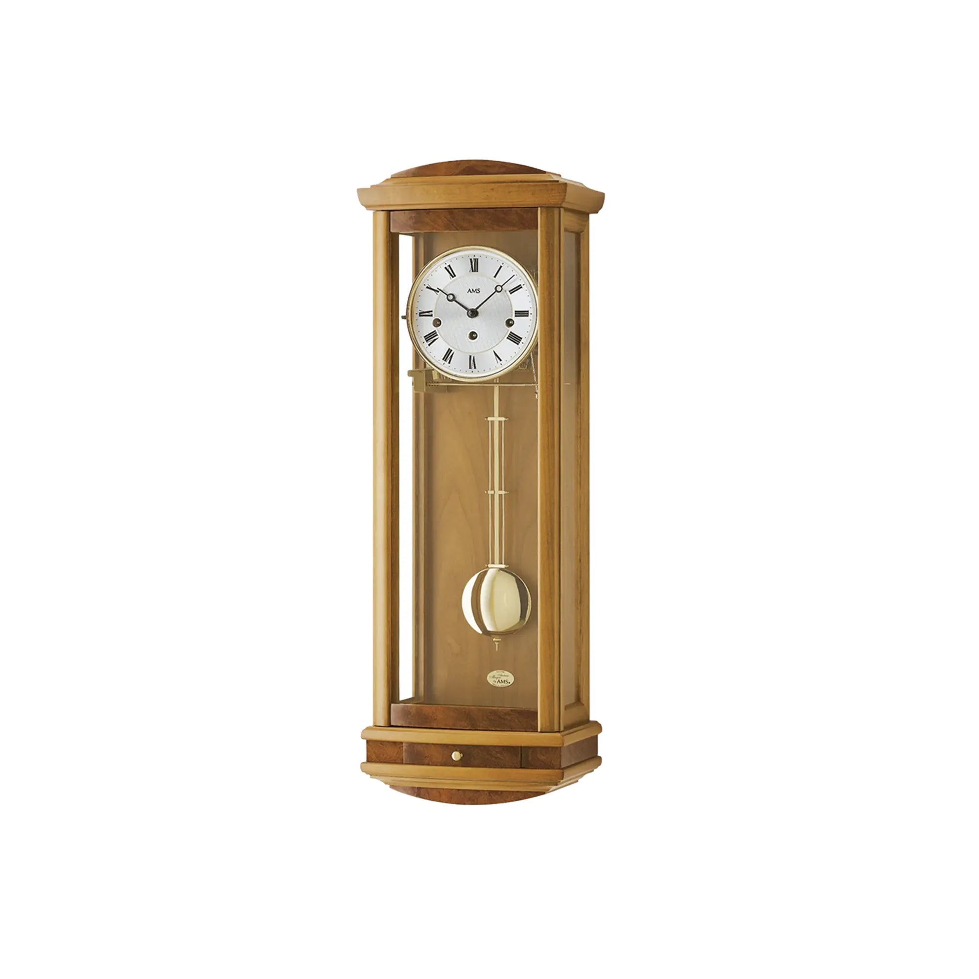Regulator-Wanduhr mit Holzgehäuse, rundem Zifferblatt und Pendel