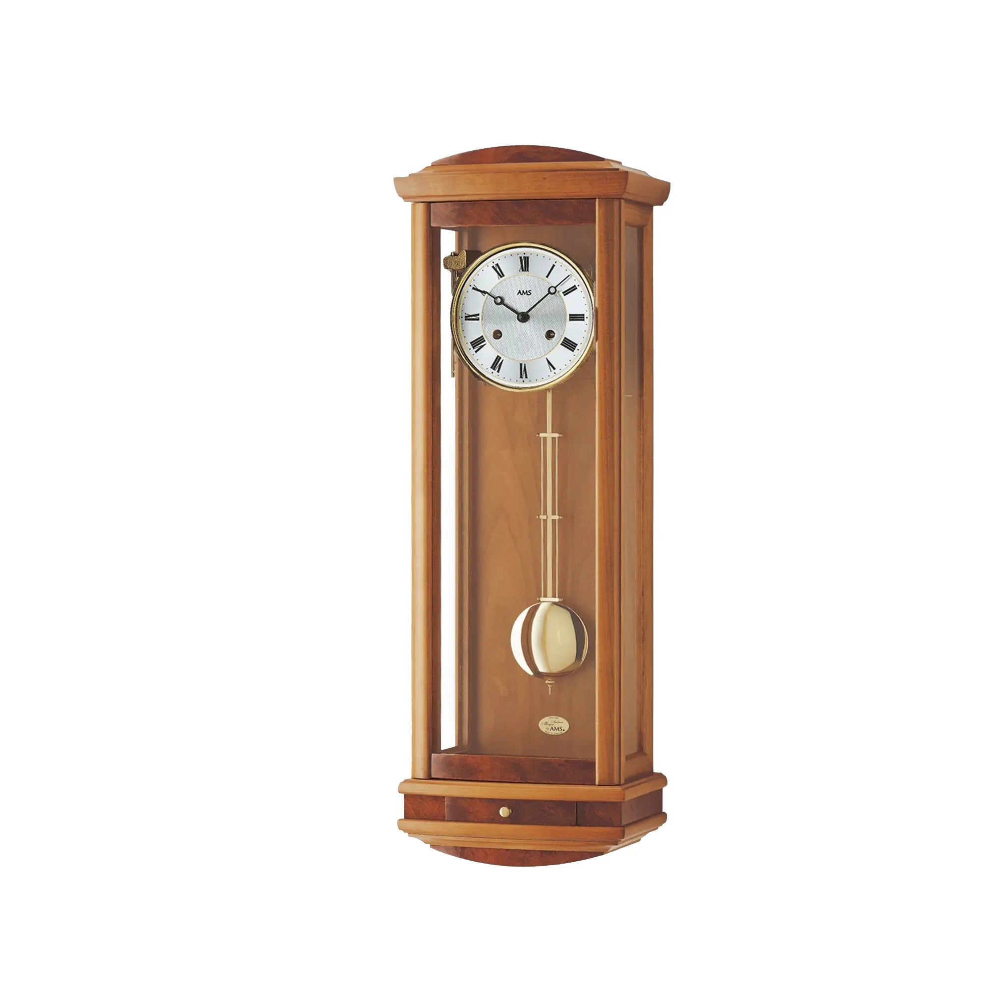 Wanduhr im Kirschbaum-Massivholzgehäuse mit weißem Zifferblatt und Pendel