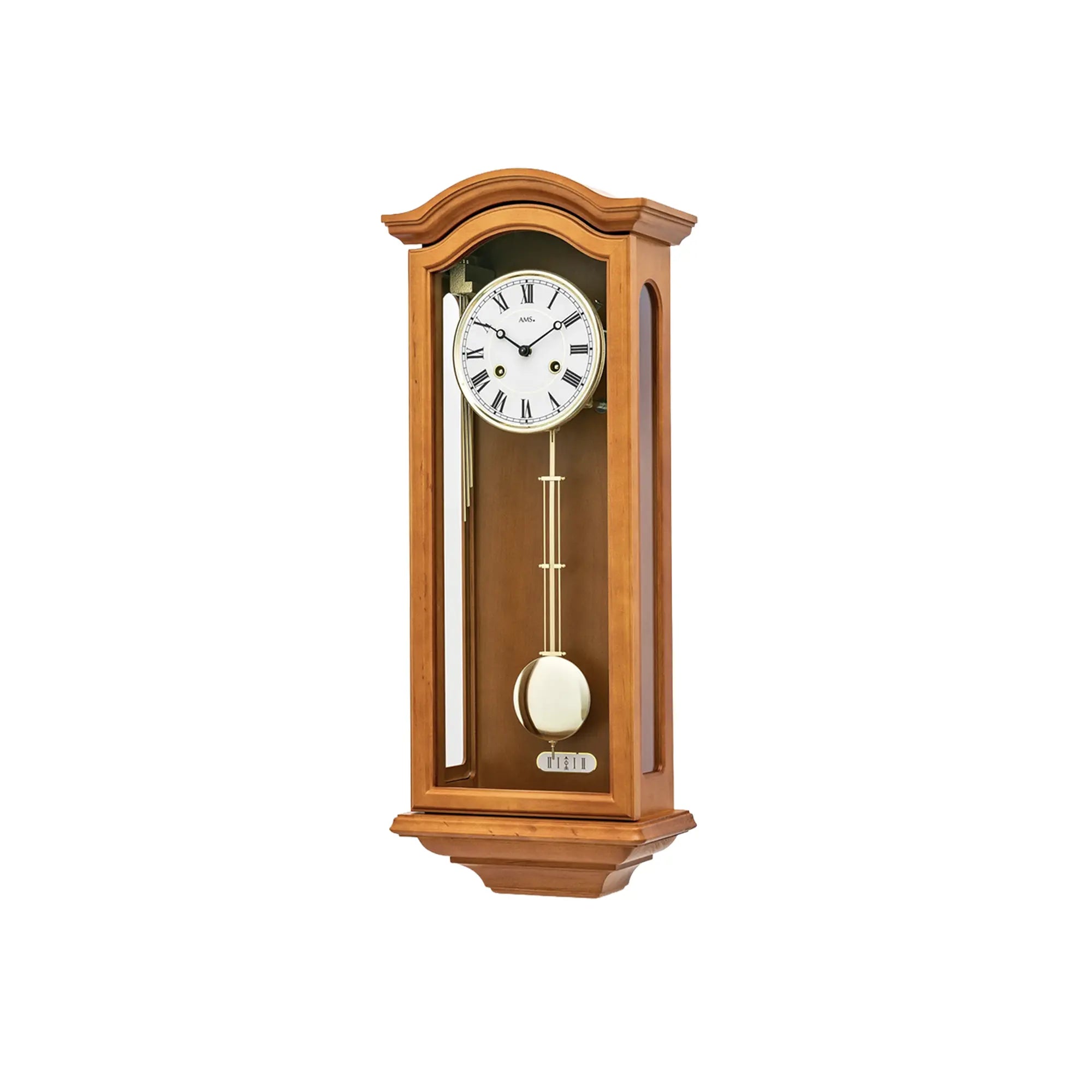 Regulator-Wanduhr im braunen Holzgehäuse mit rundem Pendel und weißem Zifferblatt