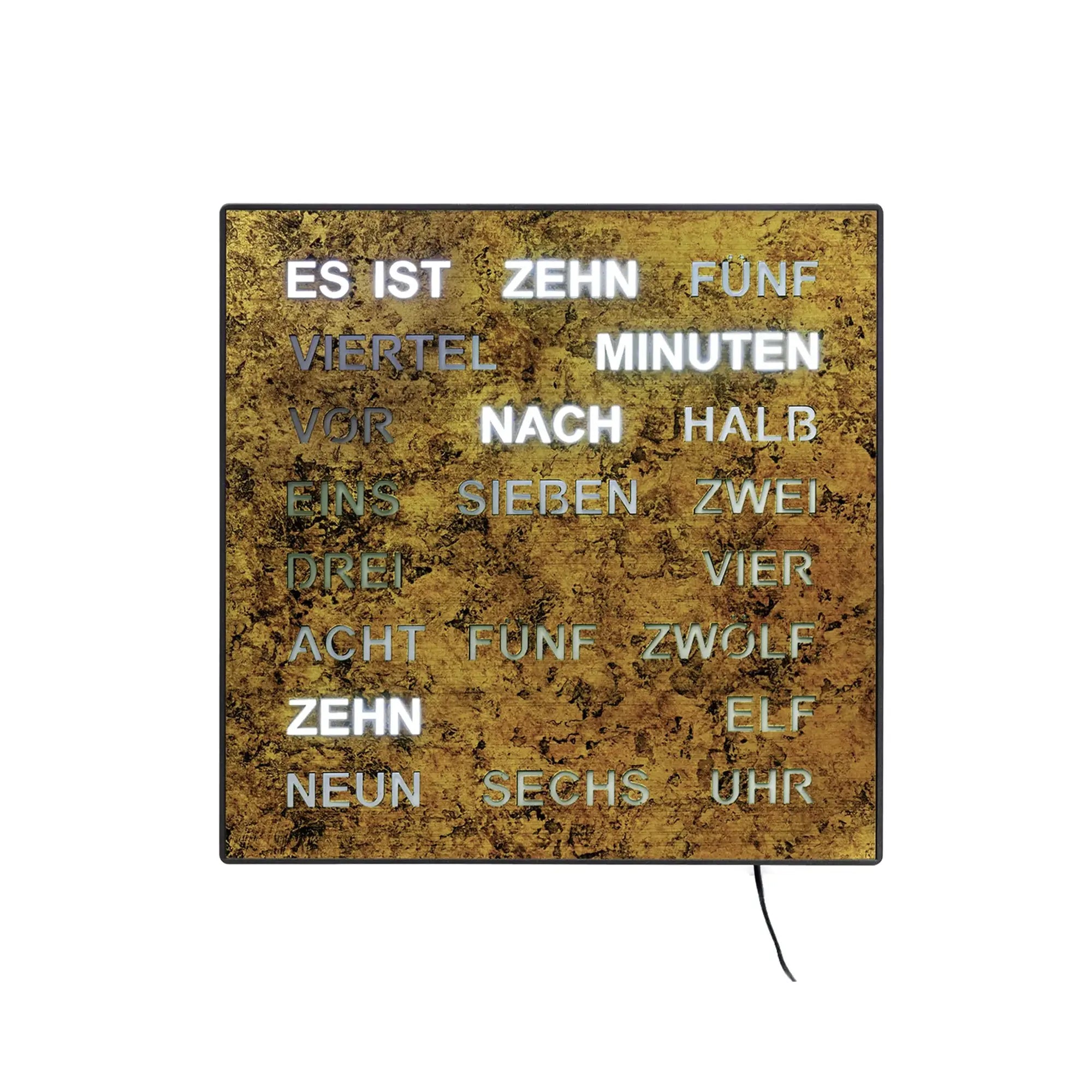 AMS Wortuhr mit LED-Anzeige im goldbraunen Gehäuse, mit angeschlossenem Kabel
