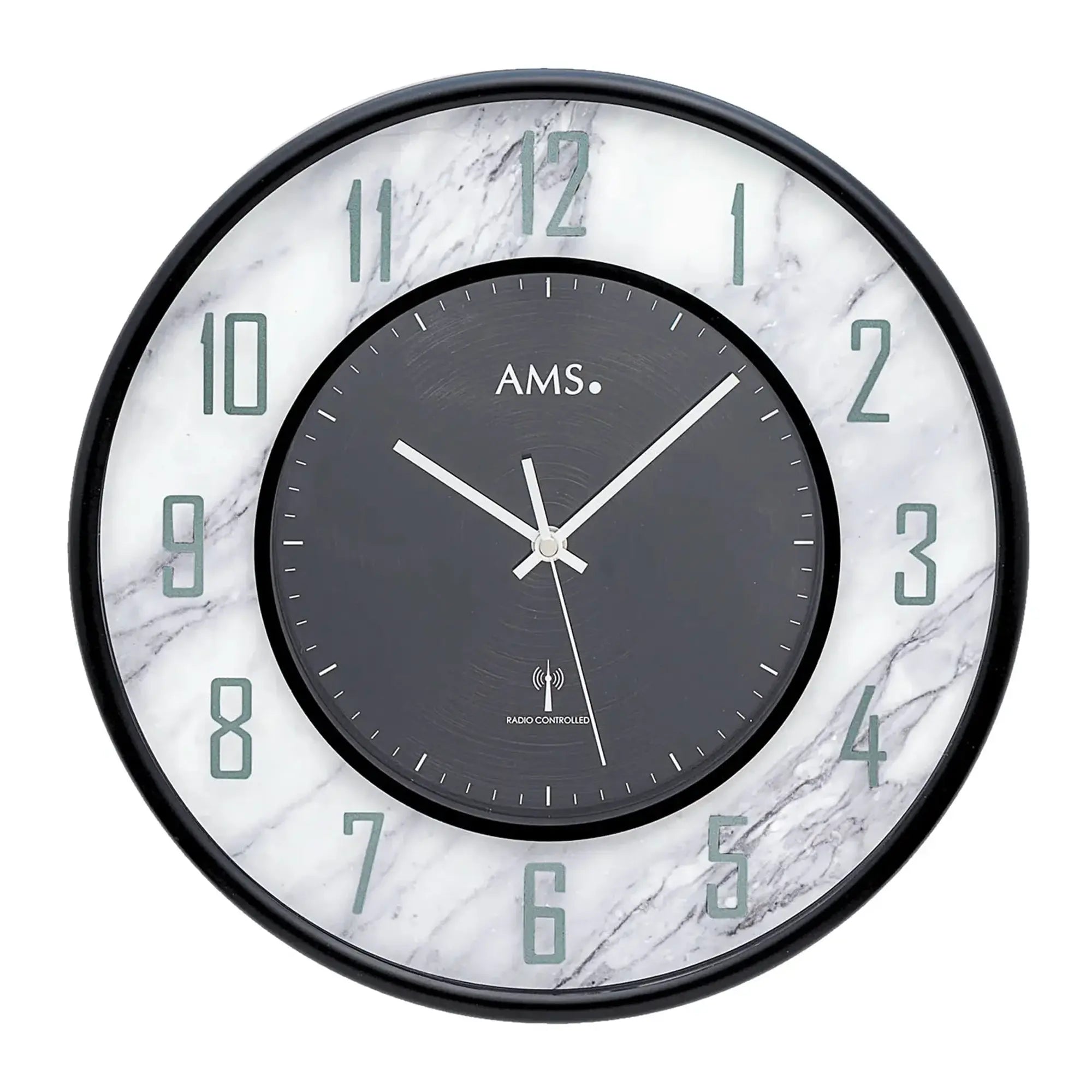 Wall clock, black frame, black dial, green numbers, and marble pattern