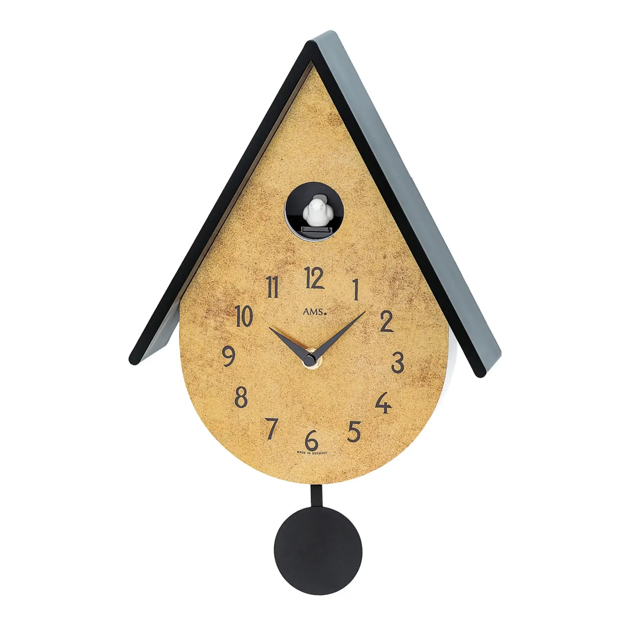 Modern cuckoo clock with drip movement, gold dial, black case, and pendulum weight