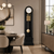 Hermle grandfather clock in black with white dial, gold pendulum rods and ball