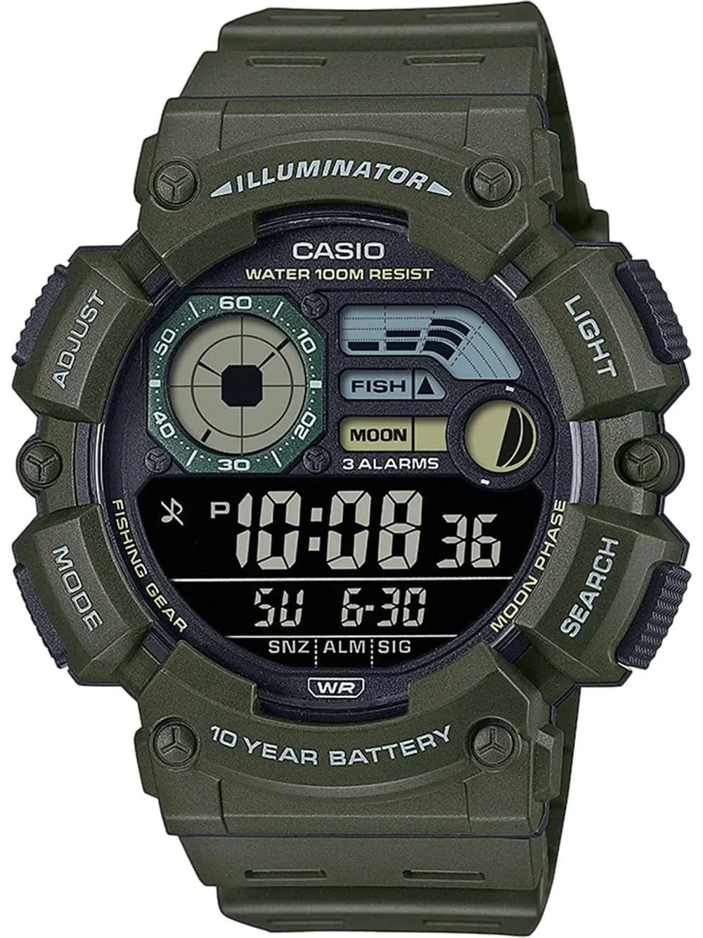 Casio WS-1500H-3BVEF Men's Watch • Angler Timer & Moon Data • 10-Year Battery