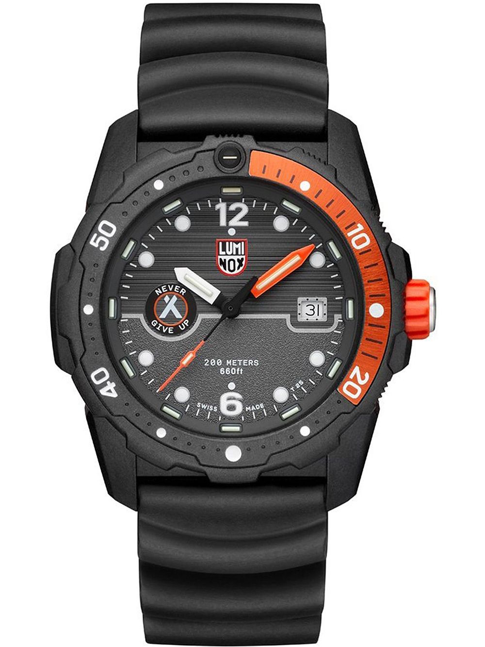 Herrenarmbanduhr mit schwarzem Kautschukband, schwarzem Zifferblatt und orange Lünette