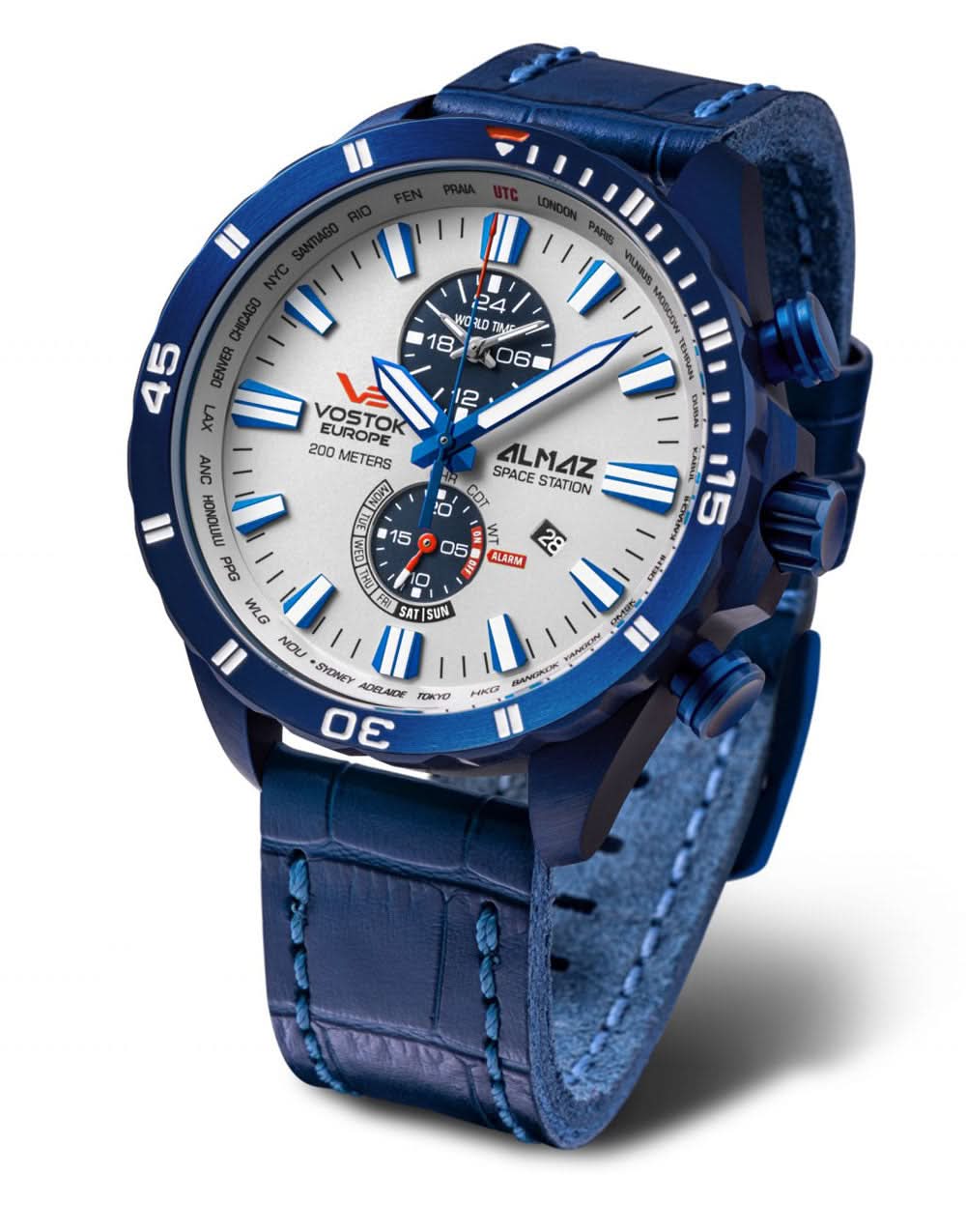 Vostok Europe Almaz YM8J-320D657 Men's Watch • Blue PVD Design • World Timer
