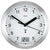 Silberne Wanduhr mit weißem Zifferblatt, schwarzen Zeigern, Funk-Symbol und Digitalanzeige 21