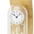 Nahaufnahme der Standuhr: weißes Zifferblatt, goldfarbene Pendelstangen und Glas