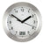 Runde Wanduhr: silberner Rahmen, weißes Zifferblatt, schwarze Zeiger, Digitalanzeige unten.