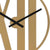 Close-up of a round wooden wall clock: gold-colored dial ring, black hands, and tick marks