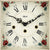 Close-up of a table clock face with Roman numerals and floral ornaments