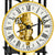 Close-up of table clock: gold skeleton movement, black frame, and Roman numerals