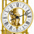 Close-up of a table clock dial with Roman numerals and visible clockwork