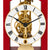 Close-up of the table clock: red casing, white dial, and gold movement