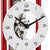 Skeleton table clock, close-up: white dial, black hands, and red frame