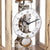 Wooden table clock in glass frame, open mechanical movement with white dial