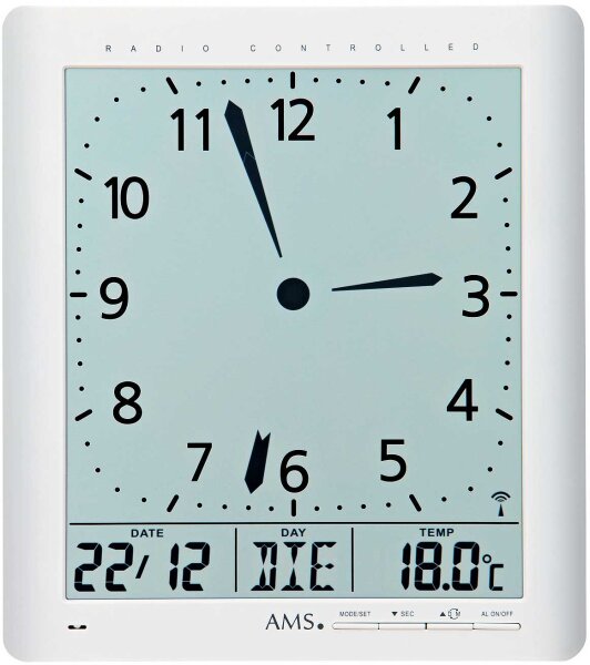 Radio-controlled wall clock table clock day of the week temperature - AMS Model: 5896