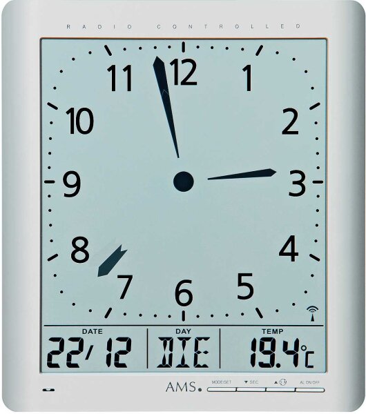 Radio-controlled wall clock table clock day of the week, temperature - AMS Model: 5898