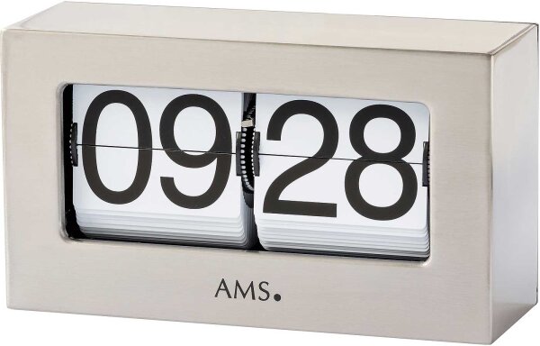 Table clock with flip numbers, silver metal case - AMS Model: 1175