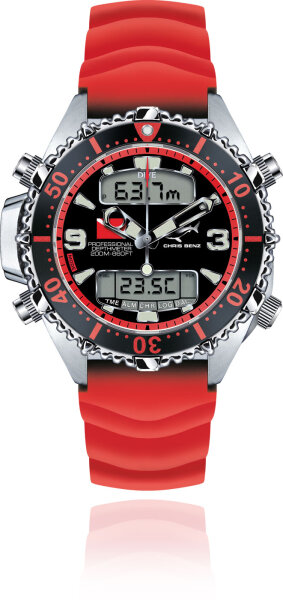 Mens Diver Watch Depthmeter Digital 200M - Chris Benz Model: CB-D200X-R-KBR
