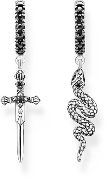 Hoop Earrings with Snakes and Sword Pendant - 925 Sterling Silver Blackened