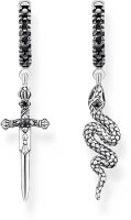 Hoop Earrings with Snakes and Sword Pendant - 925 Sterling Silver Blackened
