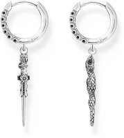 Hoop Earrings with Snakes and Sword Pendant - 925 Sterling Silver Blackened