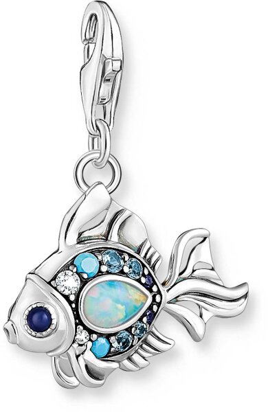 Charm Pendant Fish with Blue Stones - 925 Sterling Silver