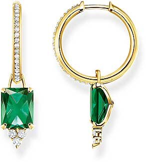 Hoops with stones and a green pendant - 750 yellow gold plating