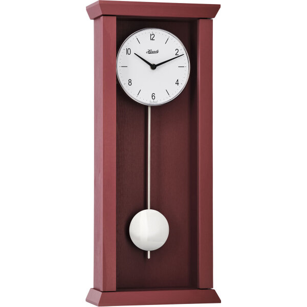 Hermle quartz pendulum wall clock model: 71002-360141 with reddish-brown case, white dial with Arabic numerals and markers, and silver pendulum