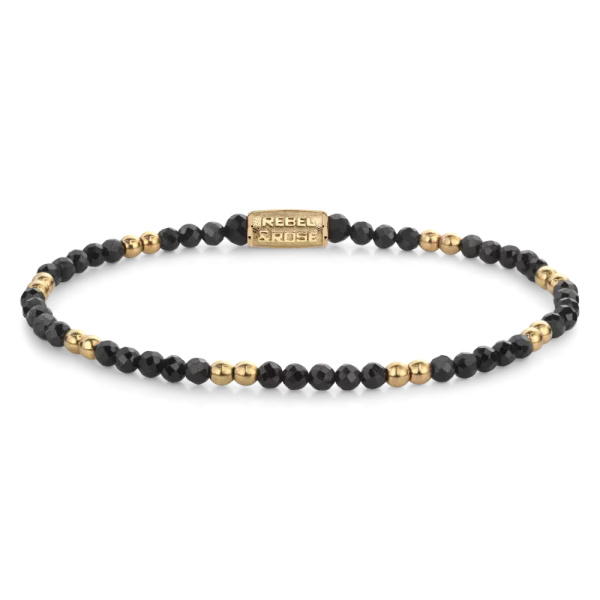 Bracelet made of black and gold-colored gemstones with stainless steel clasp - Rebel&Rose Model: RR-30004-G-M