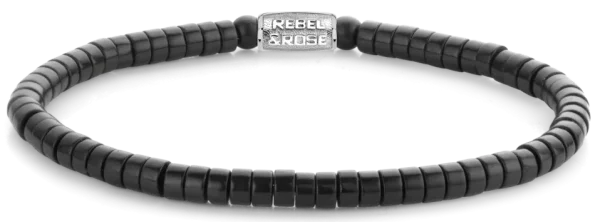 Black Bracelet Made of Disc-Shaped Blackstone with Stainless Steel Clasp - Rebel&Rose Model: RR-40073-S-M