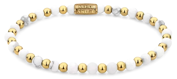 Bracelet made of 4mm Howlite and gold-colored stones with stainless steel clasp - Rebel&Rose Model: RR-40113-G-M