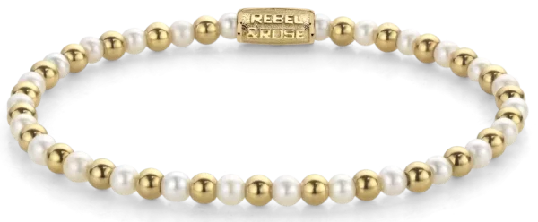 Bracelet made of 4mm genuine freshwater pearls and gold-colored stones with stainless steel clasp - Rebel&Rose Model: RR-40126-G-M