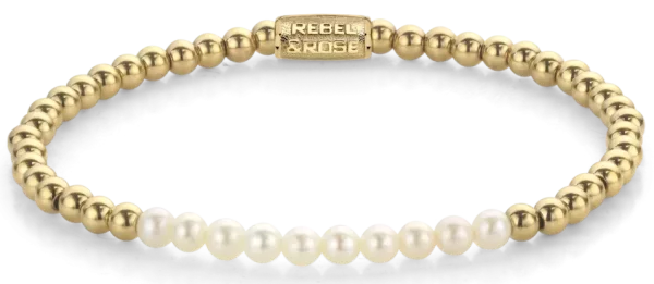 Bracelet made of 4mm genuine freshwater pearls and gold-colored stones with stainless steel clasp - Rebel&Rose Model: RR-40127-G-S