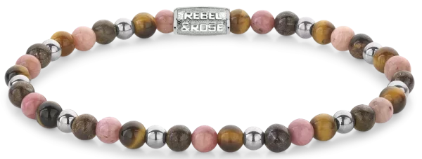 Bracelet made of 4 mm stones (hematite, tigers eye, rhodochrosite, and bronzite) with stainless steel clasp - Rebel&Rose Model: RR-40128-S-M