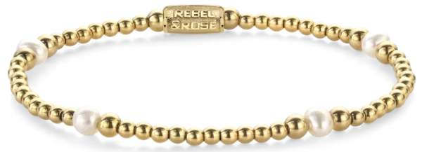 Bracelet made of 4mm genuine freshwater pearls, 3 and 4mm gold-plated stainless steel beads, and stainless steel clasp - Rebel&Rose Model: RR-40136-G-S