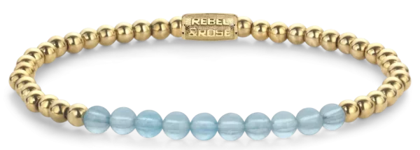 Bracelet made of 4mm genuine aquamarine beads, 4mm gold-plated stainless steel stones and stainless steel clasp - Rebel&Rose Model: RR-40137-G-S