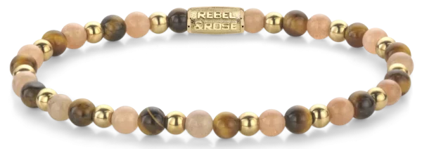 Bracelet made of 4mm stones (tigers eye, sunstone, gold-colored stones) and stainless steel clasp - Rebel&Rose Model: RR-40140-G-S