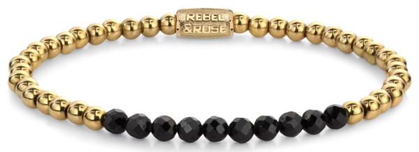 Bracelet made of 4mm faceted Black Spinel beads, gold-plated stainless steel stones and stainless steel clasp - Rebel&Rose Model: RR-40152-G-M