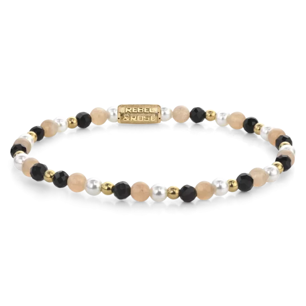 Bracelet made of 4mm stones (Black Spinel, Shell Pearl, Sunstone, gold-colored stones) and stainless steel clasp - Rebel&Rose Model: RR-40154-G-S