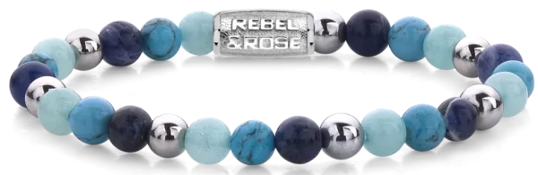 Bracelet made of 6mm gemstones Sodalite, Turqurenite and Blue Jade silver-colored stones and stainless steel clasp - Rebel&Rose Model: RR-60056-S-S
