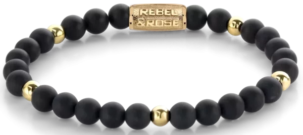 Bracelet made of 6mm black and gold-colored stones with stainless steel clasp - Rebel&Rose Model: RR-60078-G-M