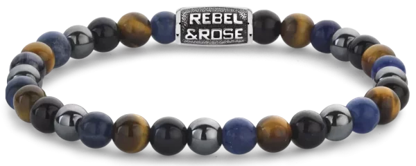 Bracelet made of 6mm Sodalite, yellow Tigers Eye, blue Tigers Eye, and gray Hematite gemstones with gray stainless steel clasp - Rebel&Rose Model: RR-60110-V-L